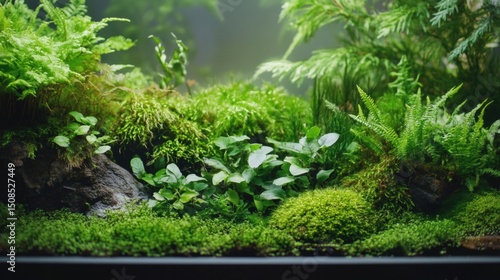 Lush green aquascape featuring various ferns and aquatic plants in a tranquil setting