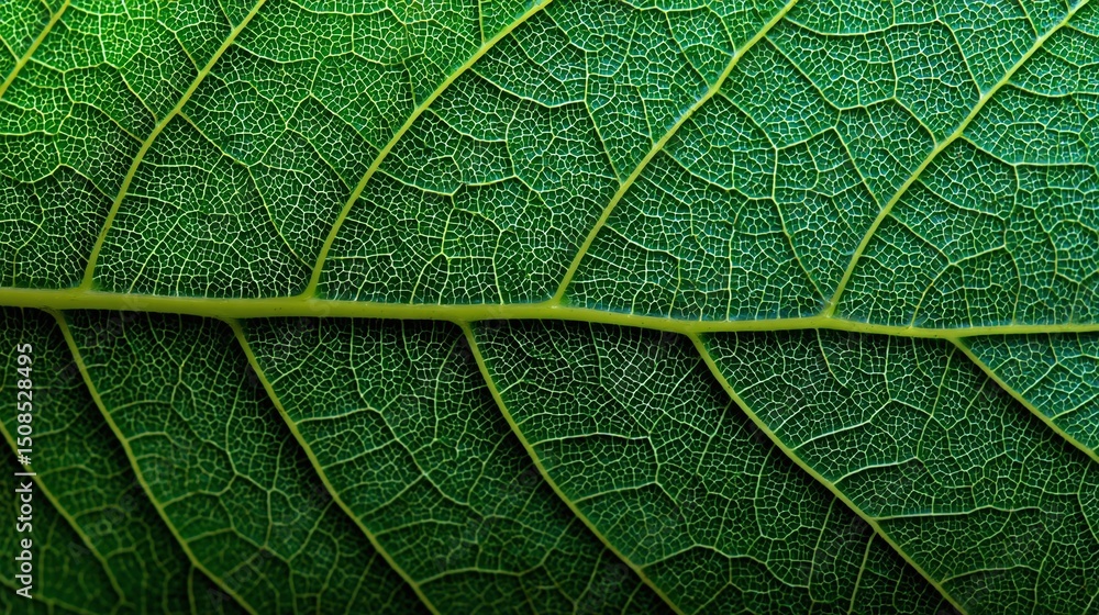 Fototapeta premium Detailed shot of green leaf veins. Close-up captures intricate patterns and textures. Vibrant green hues showcase plant's life, health, and beauty.