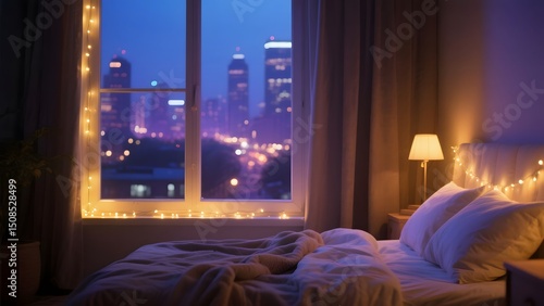 A modern bedroom with a comfortable bed and a large window revealing a vibrant cityscape in the background