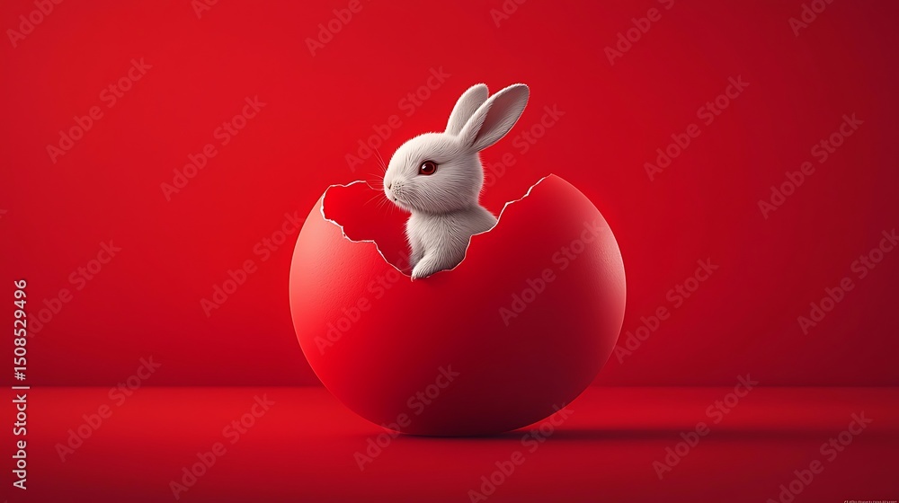 White Bunny Hatching Red Egg for Easter. White Bunny Hatching Red Egg for Easter.