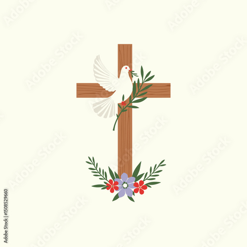 Elegant wooden cross with white dove and olive branch. Decorated with floral design, symbolizing peace and hope