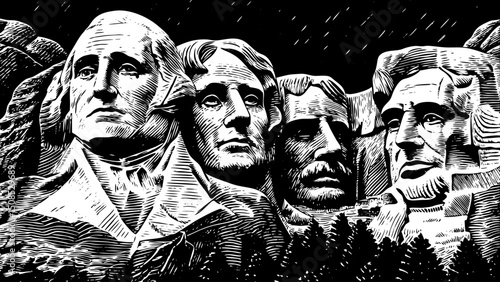 Mount Rushmore black and white isolated hand drawn sketch vector