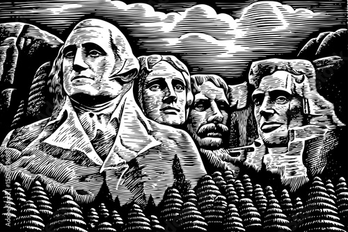 Mount Rushmore black and white isolated hand drawn sketch vector