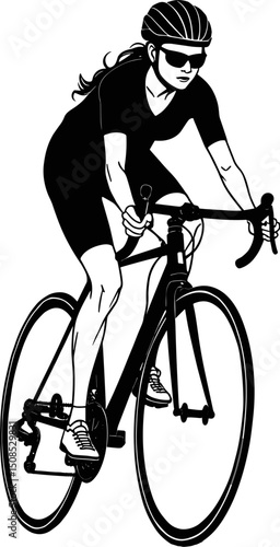 Black and white vector illustration of a female cyclist riding forward with strong posture and determination, wearing helmet and sportswear