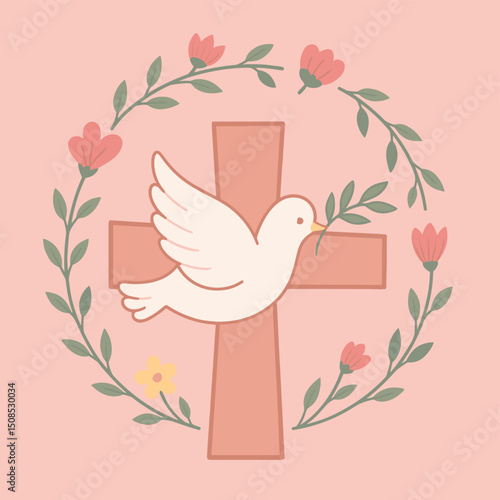Vector art of a peaceful dove and cross design with a pink background, encircled by flowers and foliage.
