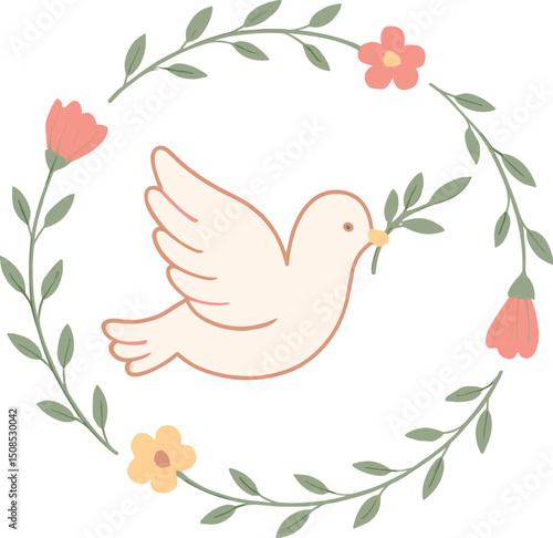 Single cute white dove with olive branch, framed by a circle of simple flowers and leaves.
