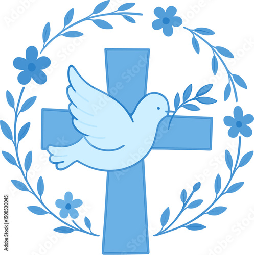 Blue dove holding an olive branch in front of a blue cross, with floral wreath in various blue tones.