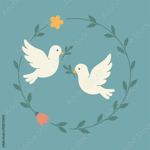 Minimalist illustration of two doves with olive branches, surrounded by a floral wreath on a teal background.