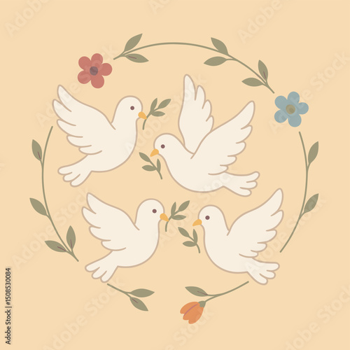Charming vector image of four doves holding olive branches, encircled by flowers on a soft beige background.