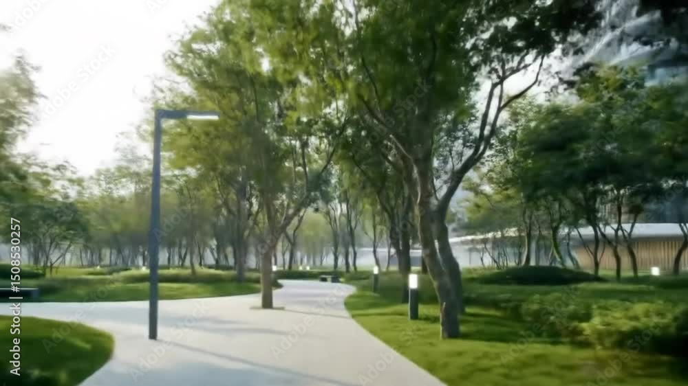 Urban Oasis: A serene park scene, featuring a winding path embraced by lush green trees and manicured lawns, illuminated by gentle lamplight under a bright sky. Urban Oasis: A serene park scene, featuring a winding path embraced by lush green trees and manicured lawns, illuminated by gentle lamplight under a bright sky.