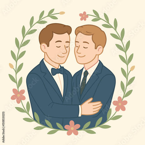 Wedding illustration of two grooms in blue suits embracing with closed eyes, surrounded by a floral wreath on a cream background