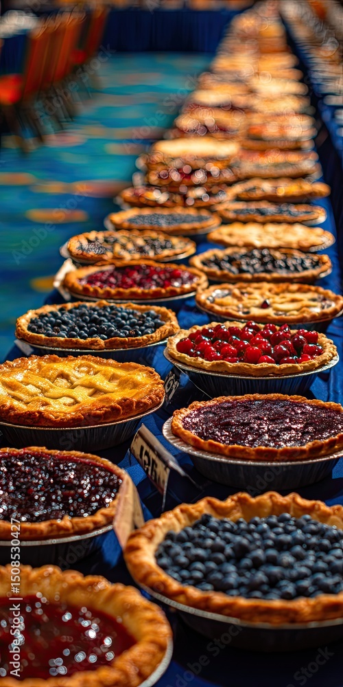Fototapeta premium Colorful Variety of Fruit Pies on a Blue Tablecloth