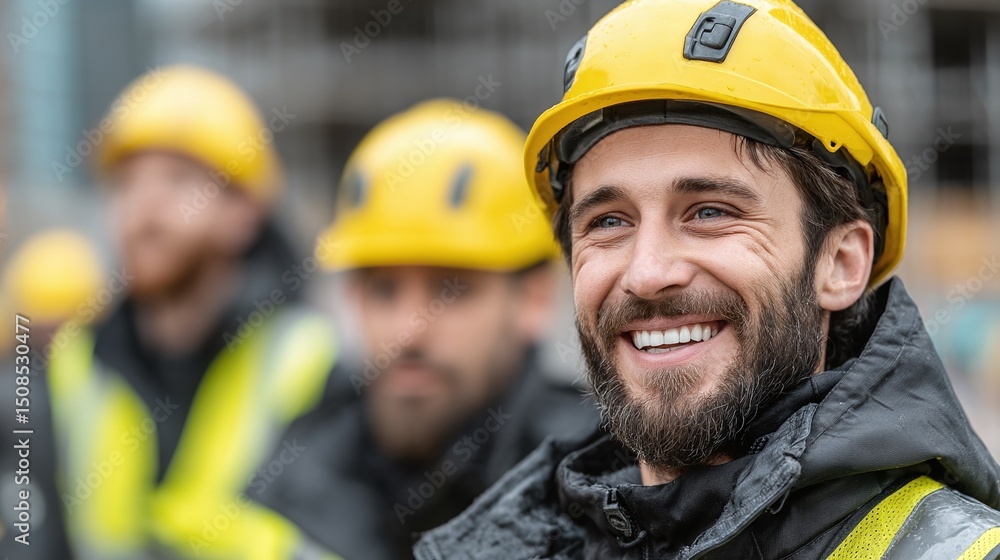 Construction crew leader beaming with pride in his team. Building site safety & collaboration is key. Dedicated to excellence. Professional in action. Construction crew leader beaming with pride in his team. Building site safety & collaboration is key. Dedicated to excellence. Professional in action.