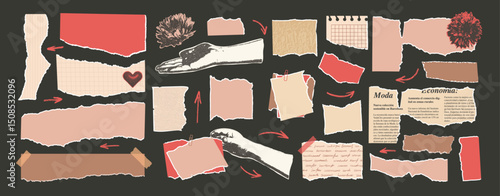 Set of romantic torn papers stickers. Tear sheet pieces with halftone hands and flowers pack. Blanks with uneven textured edges. Newspapers cutouts. Empty callout for text. Vector illustration.