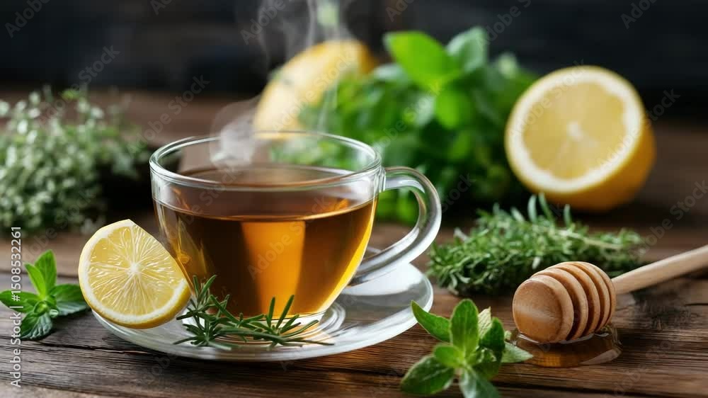 Steaming glass cup of herbal tea served with lemon slice, fresh herbs and honey dipper on rustic wooden surface. Steaming glass cup of herbal tea served with lemon slice, fresh herbs and honey dipper on rustic wooden surface.