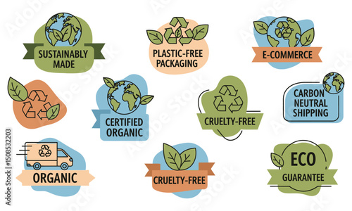 A collection of badges and labels signifying various eco-friendly and sustainable product attributes like organic, plastic-free packaging, and cruelty-free.