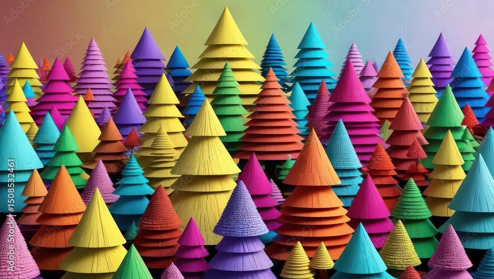 Fototapeta premium Abstract forest of colorful triangular trees enchanted landscape 3d art vibrant palette aerial view creative concept