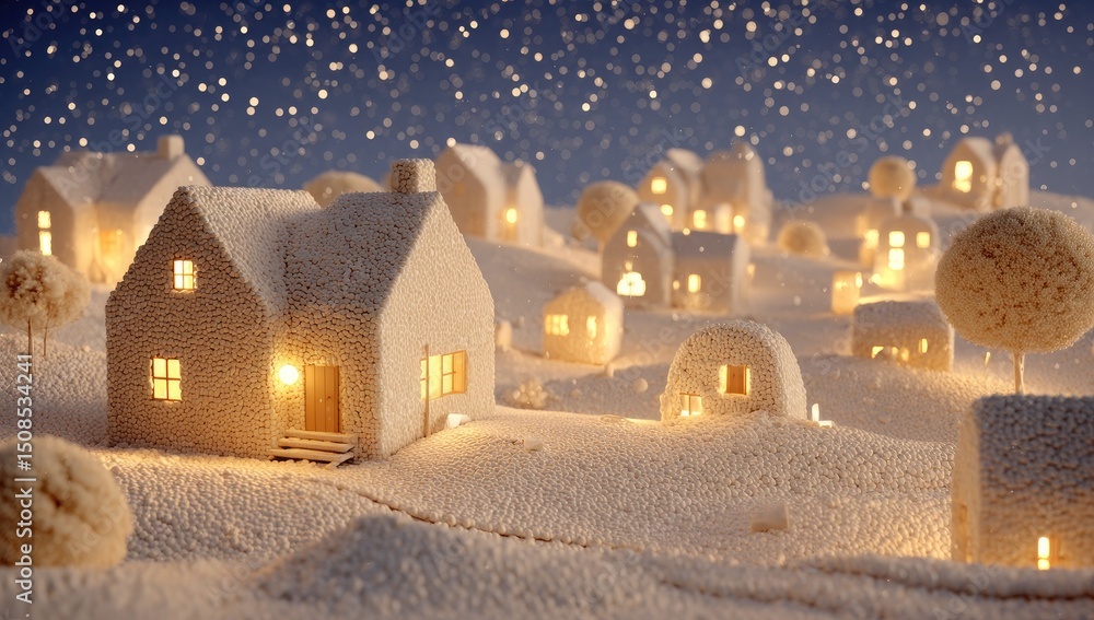 Naklejka premium Snowy Winter Village Scene At Night