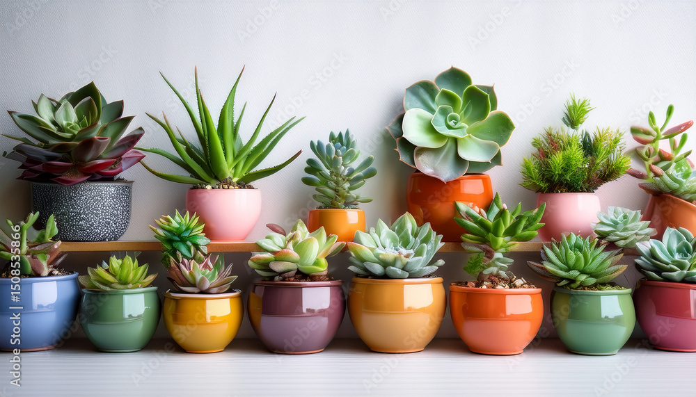 Fototapeta premium succulent plants in varied colorful pots are arranged on a white wall creating a vibrant indoor display of greenery