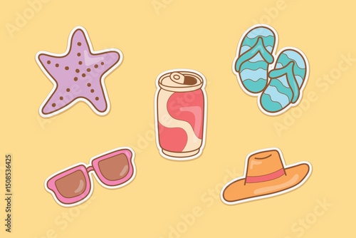 Cute Summer Stickers Collection, Starfish, Soda Can, Flip Flop, Sunglasses, Hat
