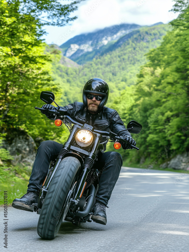 Biker riding powerful motorcycle on scenic mountain road Biker riding powerful motorcycle on scenic mountain road