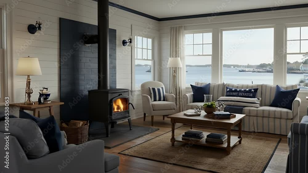 Coastal living room interior featuring a wood burning stove and water view Coastal living room interior featuring a wood burning stove and water view