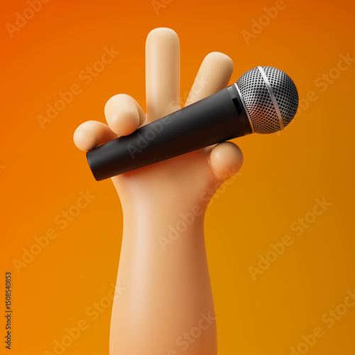 Cartoon hand holding microphone and showing victory gesture isolated over yellow background. 3d rendering.
