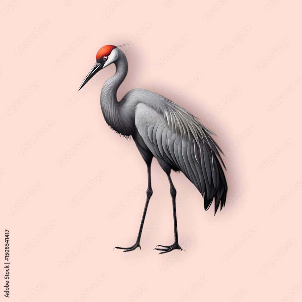 Detailed Illustration of a Grey Crane Against a Pastel Background Detailed Illustration of a Grey Crane Against a Pastel Background