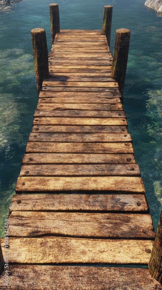 Fototapeta premium Wooden dock extends over clear blue water in serene coastal landscape on a sunny day