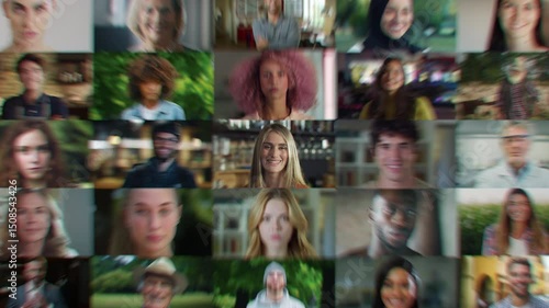 Portrait Collage with Visual Effect Zoom Out. Authentic Multiethnic People of Diverse Background, Gender, Ethnicity, Occupation. Men and Women Looking at Camera. Video Start with Caucasian Female Lead