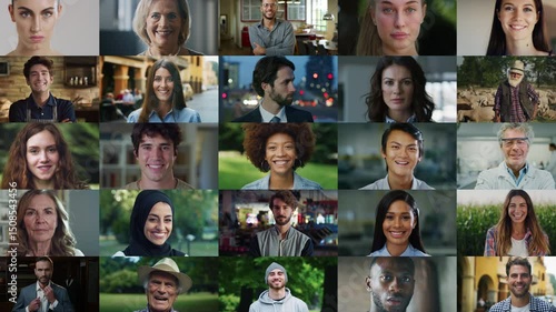 Black African Female Portrait Zoom Outs to a Collage Collection of Happy Diverse Men and Women Smiling and Looking at Camera. Multiethnic Diverse People From Different Backgrounds, Culture, Gender