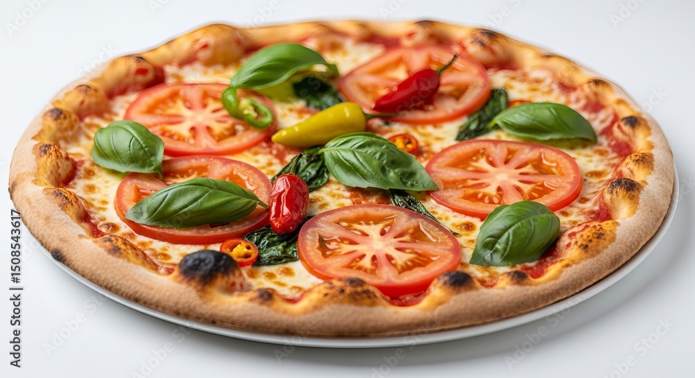 Delicious Homemade Pizza with Fresh Tomatoes, Basil, and Chili Peppers A Culinary Delight Delicious Homemade Pizza with Fresh Tomatoes, Basil, and Chili Peppers A Culinary Delight
