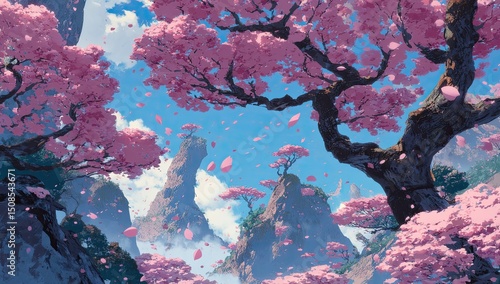 Pink Cherry Blossoms Landscape Pixel Art