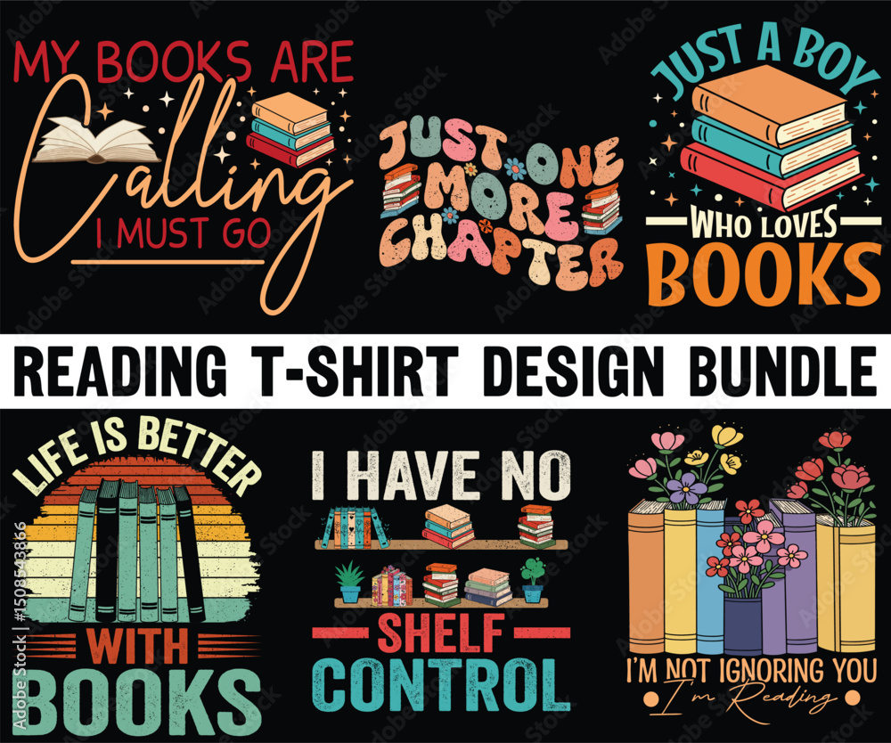Fototapeta premium Reading graphic design for Reading lovers. Reading t-shirt design Bundle. Ratro vintage t-shirt design. Reading graphic design. Book t-shirt design