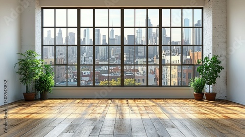 Bright apartment interior with city view through large window and plants on a wooden floor space