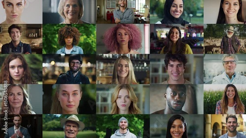 Caucasian Female Lead in a Mix of Portraits with Stylish Male and Female of Different Ethnicities Looking at Camera. Collage with Global Representation of Happy People. Zoom Out Footage