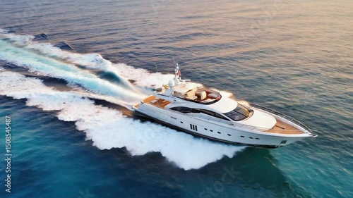 Aerial drone cinematic top down view large elegant super yacht glossy wooden deck, glowing Aegean Sea during golden hour, rich orange gold water, dramatic long wake trailing smooth camera effect