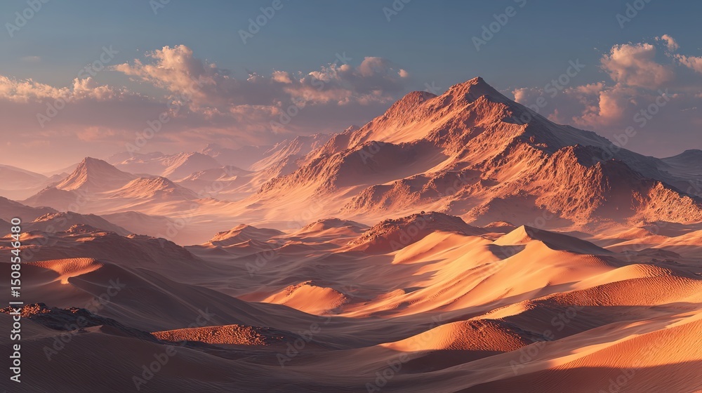 Naklejka premium Desert Mountain Range Landscape Scene Dramatic Sky Haze Sand Dunes Sunrise Sunset Orange Tones