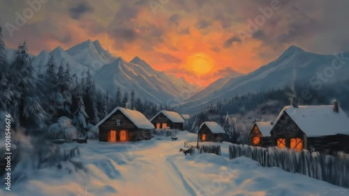 House in the mountains at sunset