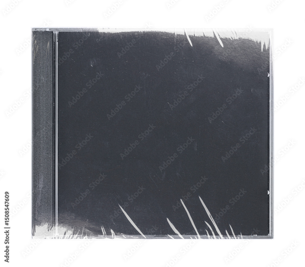 Fototapeta premium CD disk video case on black background. Isolated music transparent mockup. Clean cover box template.