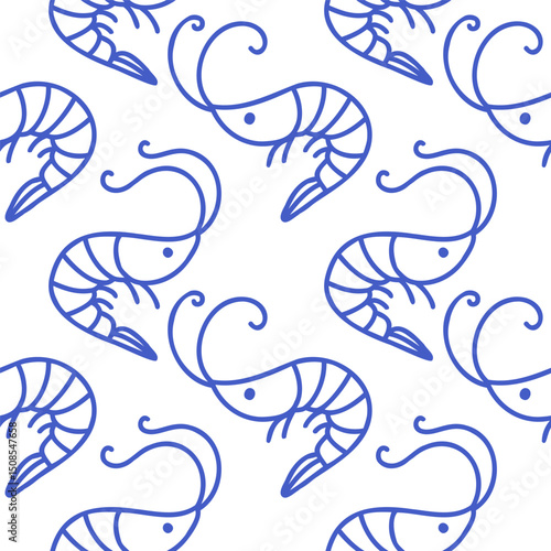 La dolce vita doodles seamless pattern shrimps. Blue on white vector illustration of italian style hand drawn posters. Wall art prints decor, for invitations, menus design.