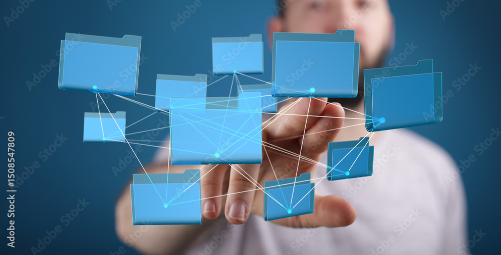 Naklejka premium Person interacts with a digital network of folders. Concept of data management, cloud storage, and file sharing.