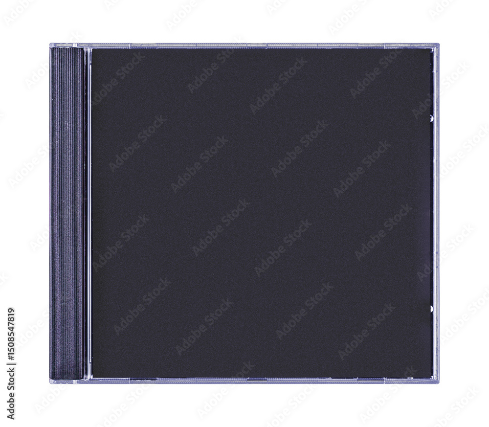 Fototapeta premium CD disk video case on black background. Isolated music transparent mockup. Clean cover box template.