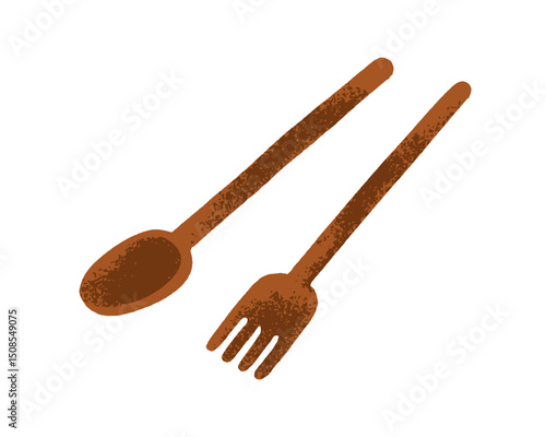 Fork and table spoon, kitchen utensils. Dining flatware, wooden cutlery. Wood tablespoon for eating food. Flat graphic vector illustration isolated on white background.