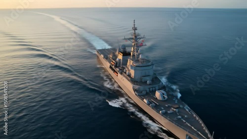 Elevated view of a gray warship sailing through calm water at sunrise or sunset