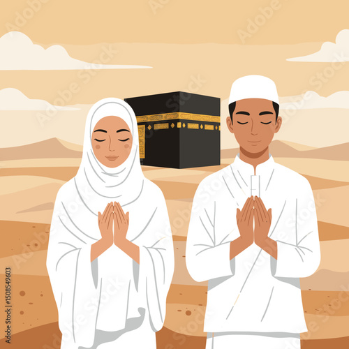 A digital illustration of a Muslim man and woman in pilgrimage attire, standing in front of the Kaaba in Mecca. They are seen making du'a (prayers) with the Kaaba in the background under a clear blue 