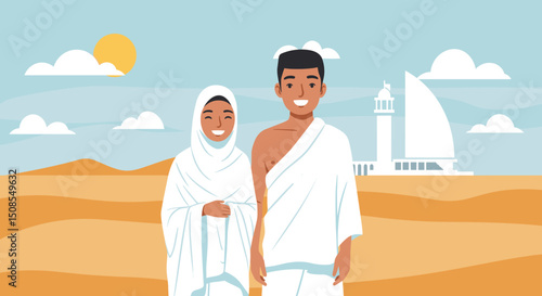 Two individuals, both dressed in white Ihram clothing, are walking together through a desert landscape, possibly during the Hajj pilgrimage in Saudi Arabia.