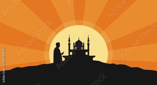 A silhouette of a person standing in front of a mosque, with a vibrant orange and yellow sunburst behind it, symbolizing peace and spirituality.