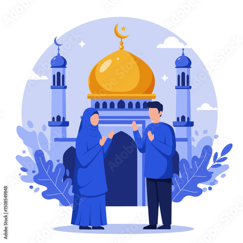 A mystical illustration of a crescent moon and stars shining over a mosque, decorated with colorful lanterns, representing a peaceful night during Ramadan.