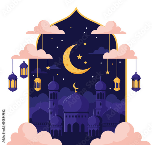 A mystical illustration of a crescent moon and stars shining over a mosque, decorated with colorful lanterns, representing a peaceful night during Ramadan.